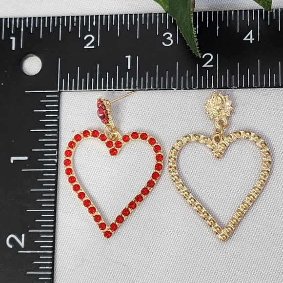 Gold with Red Crystal Stones Heart Post Earrings New - Picture 3 of 7